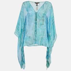 Pre Owned Roberto Cavalli Blue Snake Print Silk Lace-Up Neck Kaftan Top M