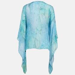 Pre Owned Roberto Cavalli Blue Snake Print Silk Lace-Up Neck Kaftan Top M