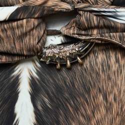 Pre Owned Roberto Cavalli Brown Fur Print Jersey Brooch Detail Maxi Dress M