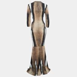 Pre Owned Roberto Cavalli Brown Fur Print Jersey Brooch Detail Maxi Dress M