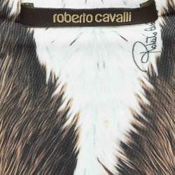 Pre Owned Roberto Cavalli Brown Fur Print Jersey Brooch Detail Maxi Dress M