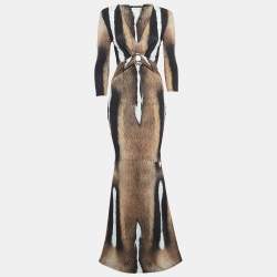 Pre Owned Roberto Cavalli Brown Fur Print Jersey Brooch Detail Maxi Dress M