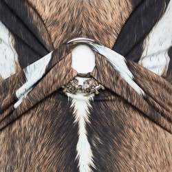 Pre Owned Roberto Cavalli Brown Fur Print Jersey Brooch Detail Maxi Dress M