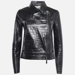 Pre Owned Roberto Cavalli Black Reptile Embossed Leather Biker Jacket S