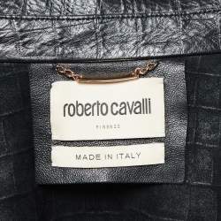 Pre Owned Roberto Cavalli Black Reptile Embossed Leather Biker Jacket S