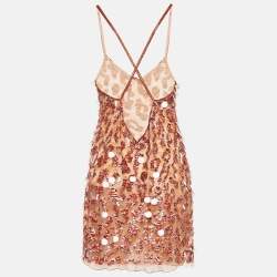 Pre Owned Roberto Cavalli Coral Beige Sequin Mini Dress M