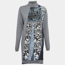 Pre Owned Roberto Cavalli Grey Printed Silk and Knit Turtle Neck Short Dress M