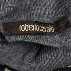 Pre Owned Roberto Cavalli Grey Printed Silk and Knit Turtle Neck Short Dress M