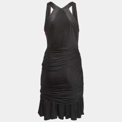 Pre Owned Roberto Cavalli Black Stretch Crepe Ruche Midi Dress S