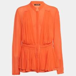 Pre Owned Roberto Cavalli Light Orange Silk Pleated Blouse L