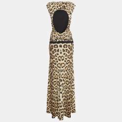 Pre Owned Roberto Cavalli Brown Leopard Print Jersey Cut Out Detail Maxi Dress M