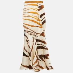 Pre Owned Roberto Cavalli Cream Printed Satin Silk Maxi Skirt S