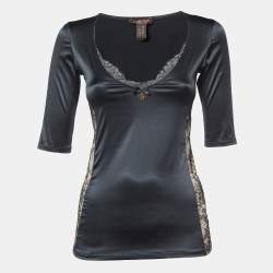 Roberto Cavalli Black Satin Lace Trim V-Neck Top M