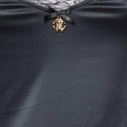 Roberto Cavalli Black Satin Lace Trim V-Neck Top M