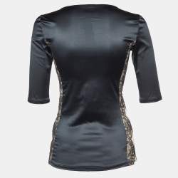 Roberto Cavalli Black Satin Lace Trim V-Neck Top M