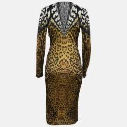 Pre Owned Roberto Cavalli Black Leopard Print V-Neck Midi Dress M