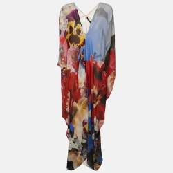 Pre Owned Roberto Cavalli Multicolor Floral Print Silk Kaftan Maxi Dress M