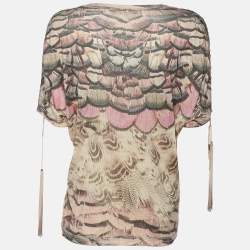 Pre Owned Roberto Cavalli Multicolor Printed Silk Fringed Neckline V-Neck Top XL