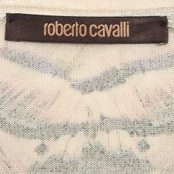 Pre Owned Roberto Cavalli Multicolor Printed Silk Fringed Neckline V-Neck Top XL