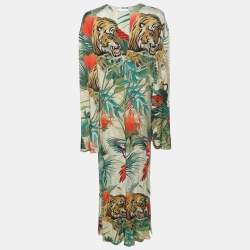 Pre Owned Roberto Cavalli Multicolor Jungle Print Belted Midi Dress L