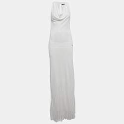 Pre Owned Roberto Cavalli White Pointelle Knit Cowl Neck Maxi Dress S