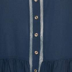 Pre Owned Roberto Cavalli Blue Mesh Insert Silk Gathered Asymmetric Shirt S