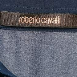 Pre Owned Roberto Cavalli Blue Mesh Insert Silk Gathered Asymmetric Shirt S