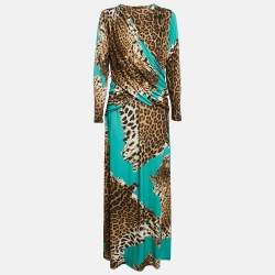 Pre Owned Roberto Cavalli Multicolor Animal Print Jersey Gathered Maxi Dress XL