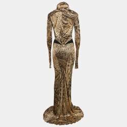Pre Owned Roberto Cavalli Multicolor Reptile Print Fur Neck Tie-Up Maxi Dress M