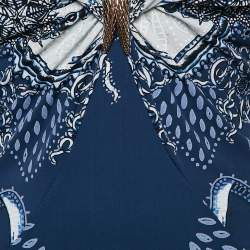 Pre Owned Roberto Cavalli Blue Printed Jersey Brooch Detail Midi Dress M