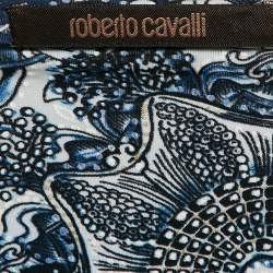 Pre Owned Roberto Cavalli Blue Printed Jersey Brooch Detail Midi Dress M