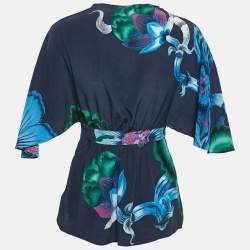 Pre Owned Roberto Cavalli Multicolor Printed Silk V-Neck Top M