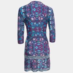 Pre Owned Roberto Cavalli Purple Floral Print Jersey V-Neck Mini Dress M