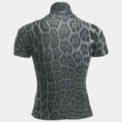 Pre Owned قميص روبيرتو كافالي ياقة عالية قماش جيرسي مودال بطبعة ليوبارد رمادي مقاس صغير (سمول)