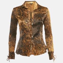 Pre Owned Roberto Cavalli Brown Leopard Print Tie-Up Detail Blouse XS