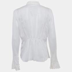 Pre Owned Roberto Cavalli Off-White Cambric Cotton Floral Lace Trimmed Blouse L