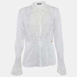 Pre Owned Roberto Cavalli Off-White Cambric Cotton Floral Lace Trimmed Blouse L