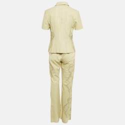 Pre Owned Roberto Cavalli Green Laser Cut Detail Leather Top and Pants Set M