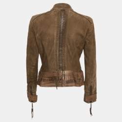 Pre Owned Roberto Cavalli Green Textured Leather and Suede Lace-Up Jacket M