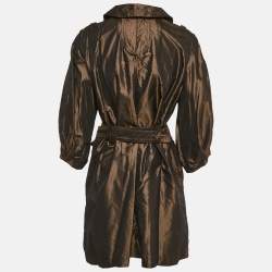 Pre Owned Roberto Cavalli Metallic/Brown Silk Ruffled Zip-Up Trench Coat M