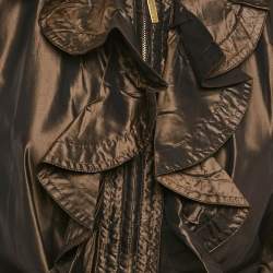 Pre Owned Roberto Cavalli Metallic/Brown Silk Ruffled Zip-Up Trench Coat M