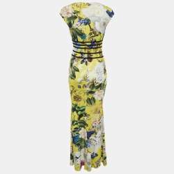 Pre Owned Roberto Cavalli Yellow Multicolor Printed Jersey Long Dress S
