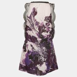 Pre Owned Roberto Cavalli Purple/Multicolor Printed Lace Trim Detail Top S