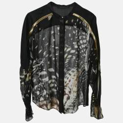 مملوكة مسبقًا Roberto Cavalli Black/Multicolor Sheer Silk Trimmed Button Front Blouse L
