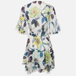 مملوكة مسبقًا Roberto Cavalli Multicolor Floral Print Silk Ruffle Belted Dress S
