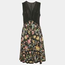 Roberto Cavalli Black Floral Print Jersey and Crochet Midi Dress M