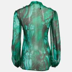 Pre Owned Roberto Cavalli Green Abstract Print Chiffon Sheer Ruffled Shirt XS
