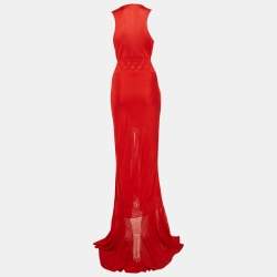 مملوكة مسبقًا Roberto Cavalli Red Stretch Knit Ruffled Maxi Dress S