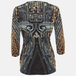 Pre Owned Roberto Cavalli Black Printed Jersey Plunge Neck Top M