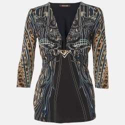 Pre Owned Roberto Cavalli Black Printed Jersey Plunge Neck Top M
